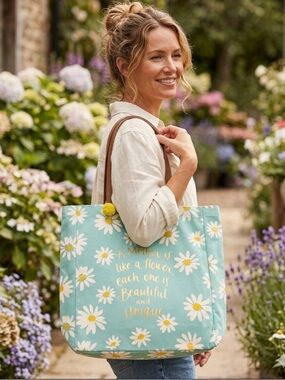 Daisy Print Tote Bag with Brown Handles - Teal